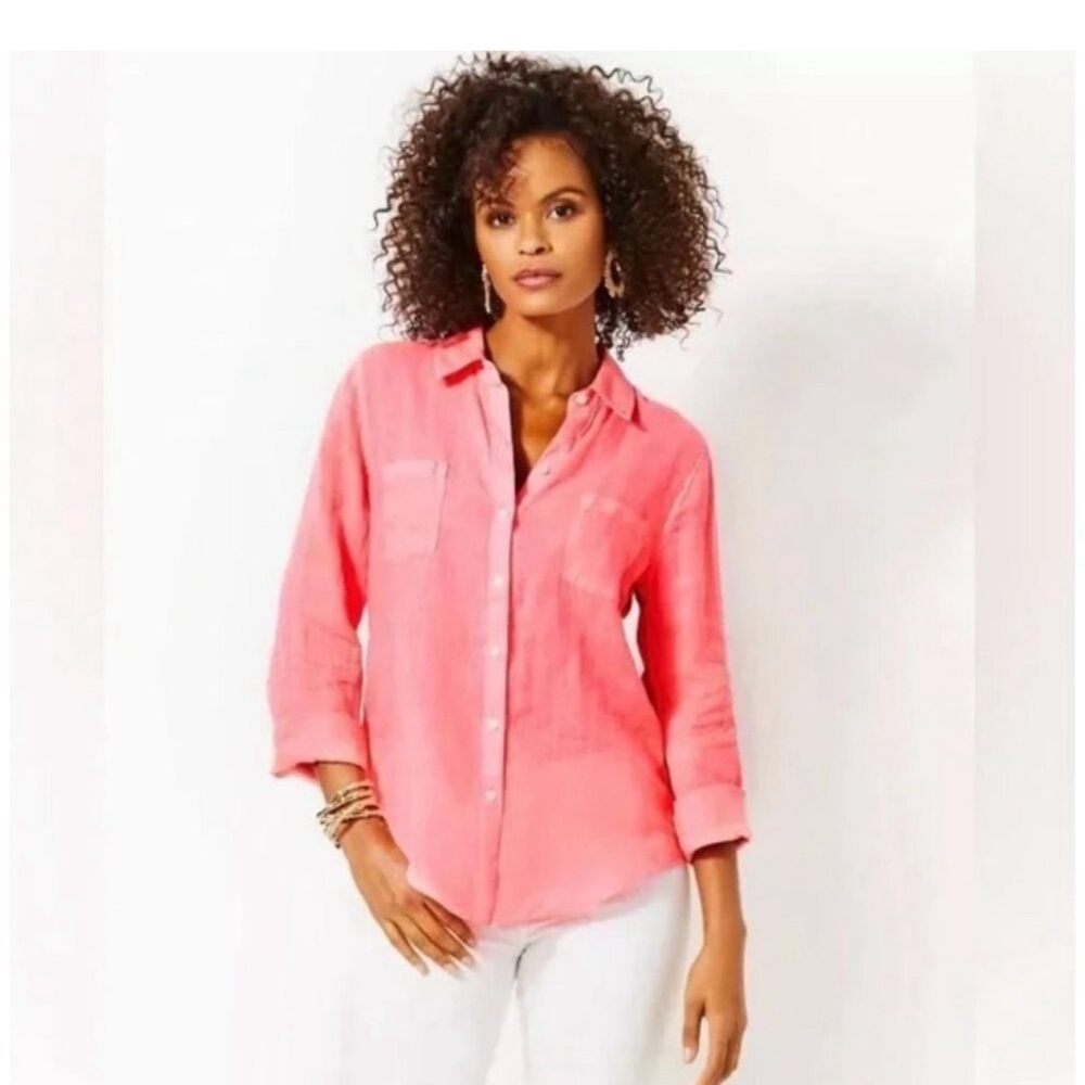NWT Lilly Pulitzer Sea View Linen Button Down Top in Coral, sz Medium